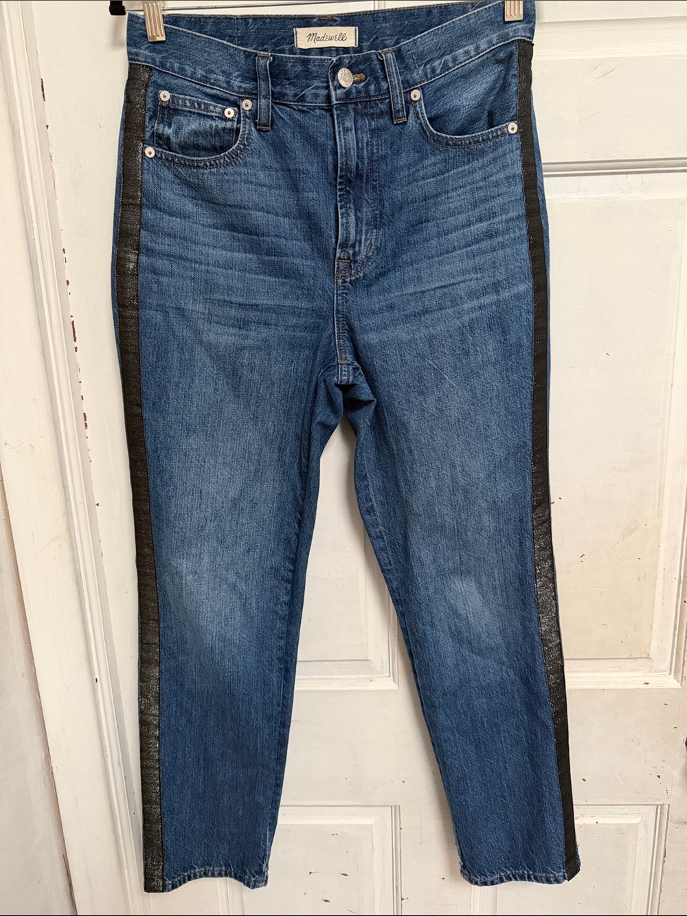 Madewell Dark Blue Straight-Leg Jeans with Black Side Stripes size 27